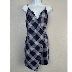 Stylestalker blue plaid asymmetrical button sleeveless mini dress S